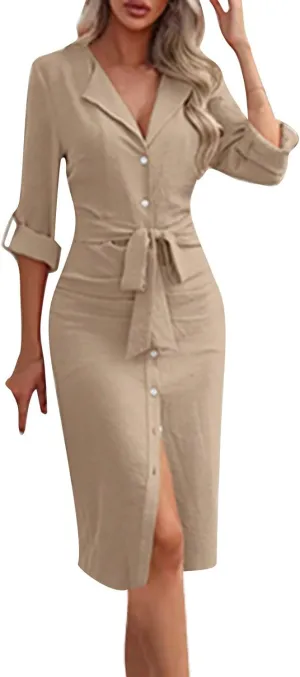Women Button Down Midi Pencil Dress Long Sleeve V Neck Office Sheath Dress Elegant Belted Ruched Slim Teacher Dress