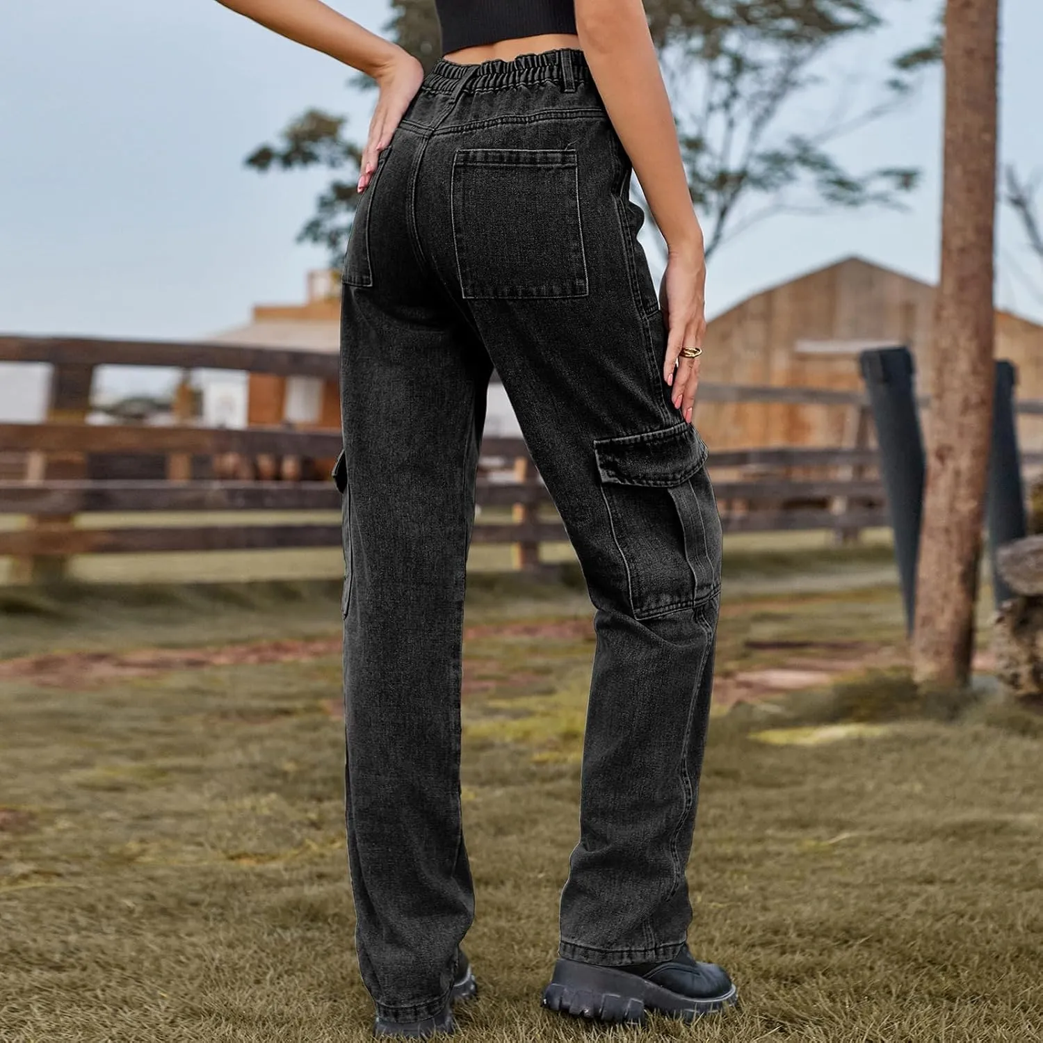 Women Cargo Pants Elastic High Waist Casual Jean Pants Multi Pockets Straight Leg Denim Trouser