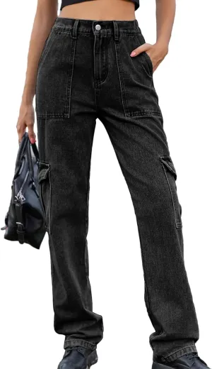 Women Cargo Pants Elastic High Waist Casual Jean Pants Multi Pockets Straight Leg Denim Trouser