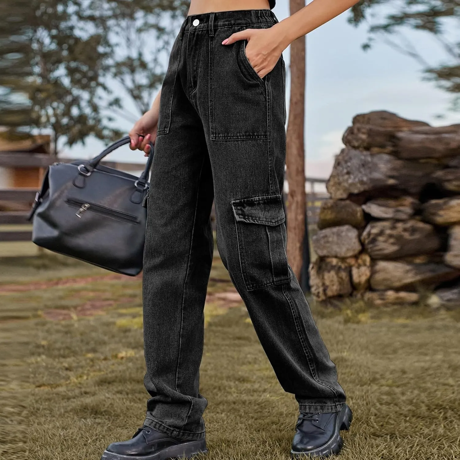 Women Cargo Pants Elastic High Waist Casual Jean Pants Multi Pockets Straight Leg Denim Trouser