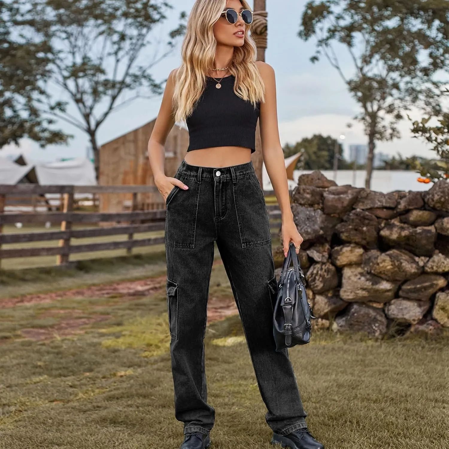Women Cargo Pants Elastic High Waist Casual Jean Pants Multi Pockets Straight Leg Denim Trouser