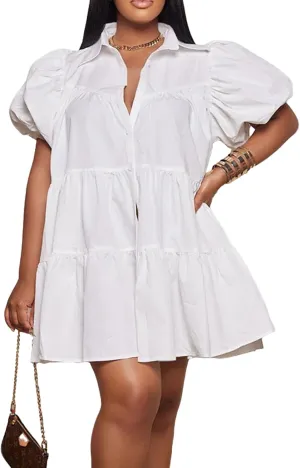 Women Casual Dresses Summer Short Sleeve Button Down Solid Midi Patchwork Dress