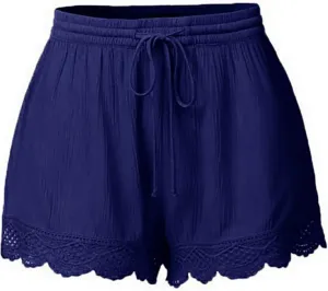 Women Casual Shorts Summer Floral Lace Plus Size High Waist Drawstring Dressy Yoga Shorts Soft Trendy Beach Clothes