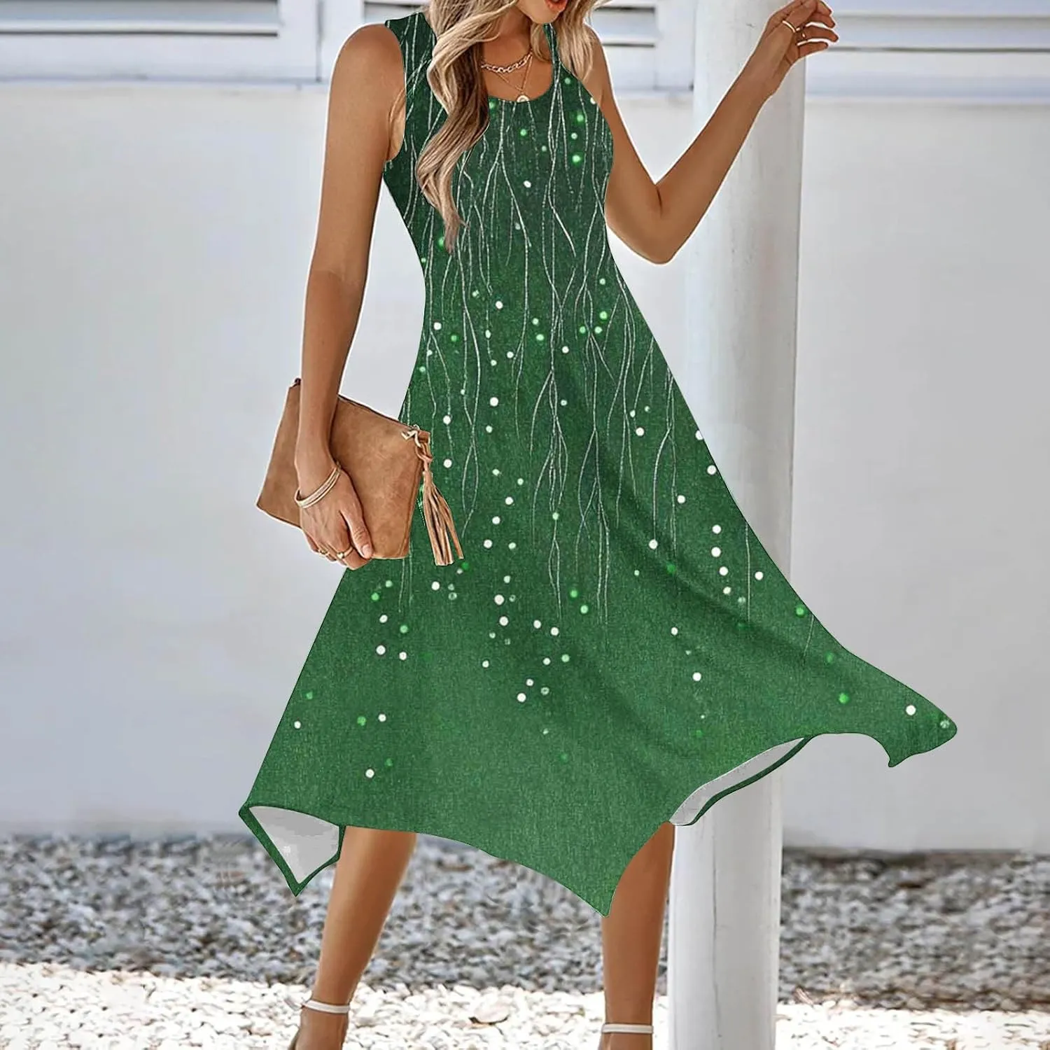 Women Casual Summer Dress Sleeveless Sundress Hankerchief Hem Midi Tank Dresses Beach Dress A Line Flowy Party Dresses