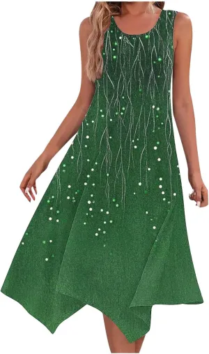 Women Casual Summer Dress Sleeveless Sundress Hankerchief Hem Midi Tank Dresses Beach Dress A Line Flowy Party Dresses