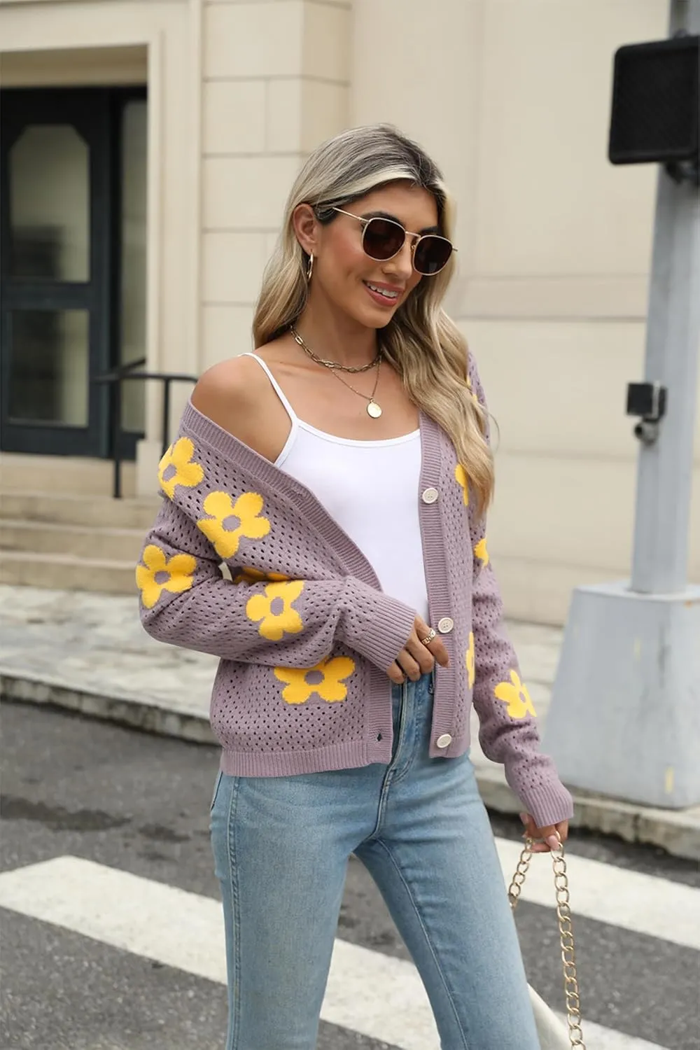 Women Crochet Cropped Cardigan Sweaters Lightweight Button Down V Neck Cardigan Flower Knit Open Front Cute Outfits Fall