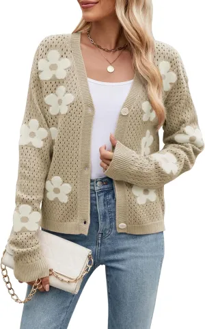 Women Crochet Cropped Cardigan Sweaters Lightweight Button Down V Neck Cardigan Flower Knit Open Front Cute Outfits Fall
