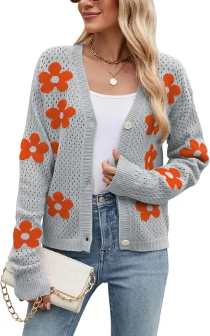 Women Crochet Cropped Cardigan Sweaters Lightweight Button Down V Neck Cardigan Flower Knit Open Front Cute Outfits Fall