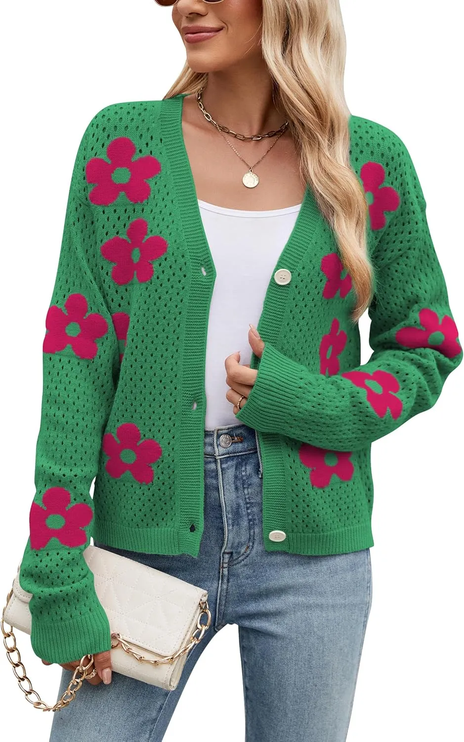 Women Crochet Cropped Cardigan Sweaters Lightweight Button Down V Neck Cardigan Flower Knit Open Front Cute Outfits Fall