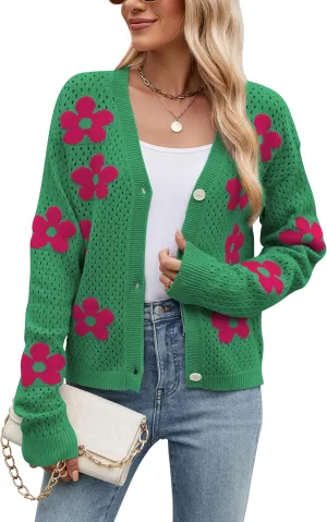 Women Crochet Cropped Cardigan Sweaters Lightweight Button Down V Neck Cardigan Flower Knit Open Front Cute Outfits Fall