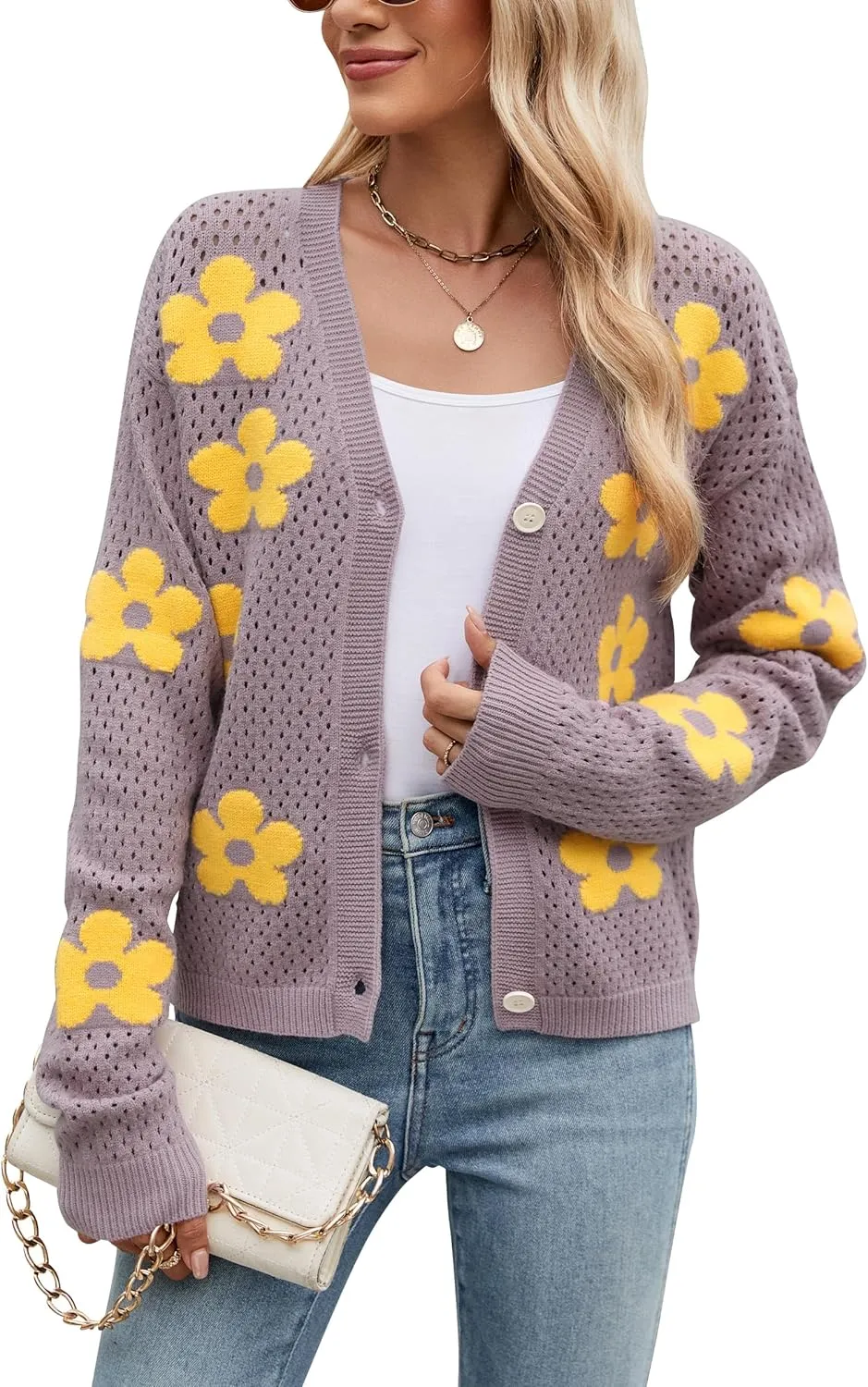 Women Crochet Cropped Cardigan Sweaters Lightweight Button Down V Neck Cardigan Flower Knit Open Front Cute Outfits Fall