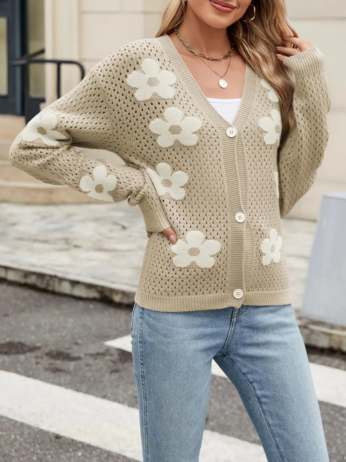 Women Crochet Cropped Cardigan Sweaters Lightweight Button Down V Neck Cardigan Flower Knit Open Front Cute Outfits Fall