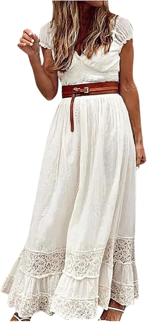 Women Crochet Lace Bohemian Dress Casual V Neck Cap Sleeve Pleated Swing Beach Sundress Maxi Wedding Guest Dresses