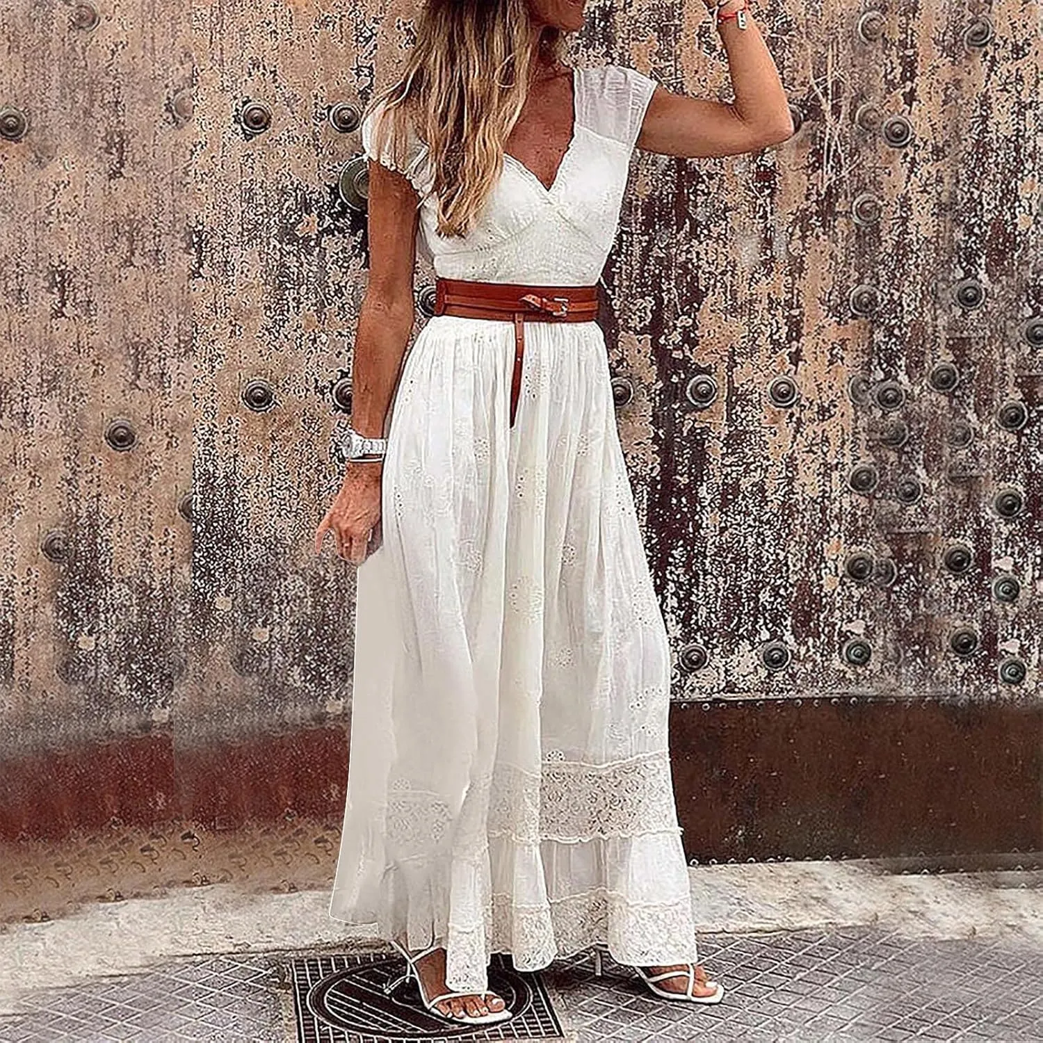 Women Crochet Lace Bohemian Dress Casual V Neck Cap Sleeve Pleated Swing Beach Sundress Maxi Wedding Guest Dresses