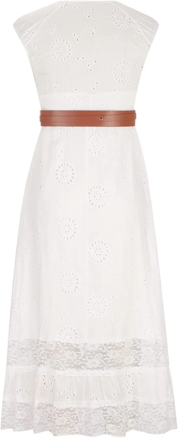 Women Crochet Lace Bohemian Dress Casual V Neck Cap Sleeve Pleated Swing Beach Sundress Maxi Wedding Guest Dresses