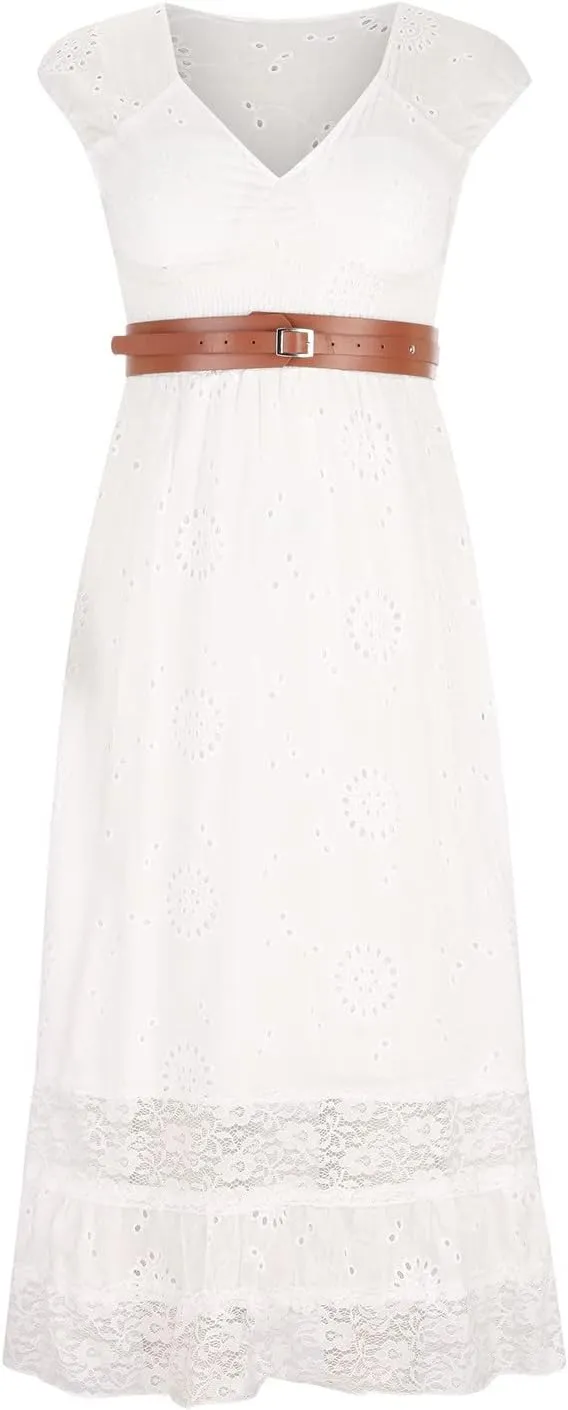 Women Crochet Lace Bohemian Dress Casual V Neck Cap Sleeve Pleated Swing Beach Sundress Maxi Wedding Guest Dresses