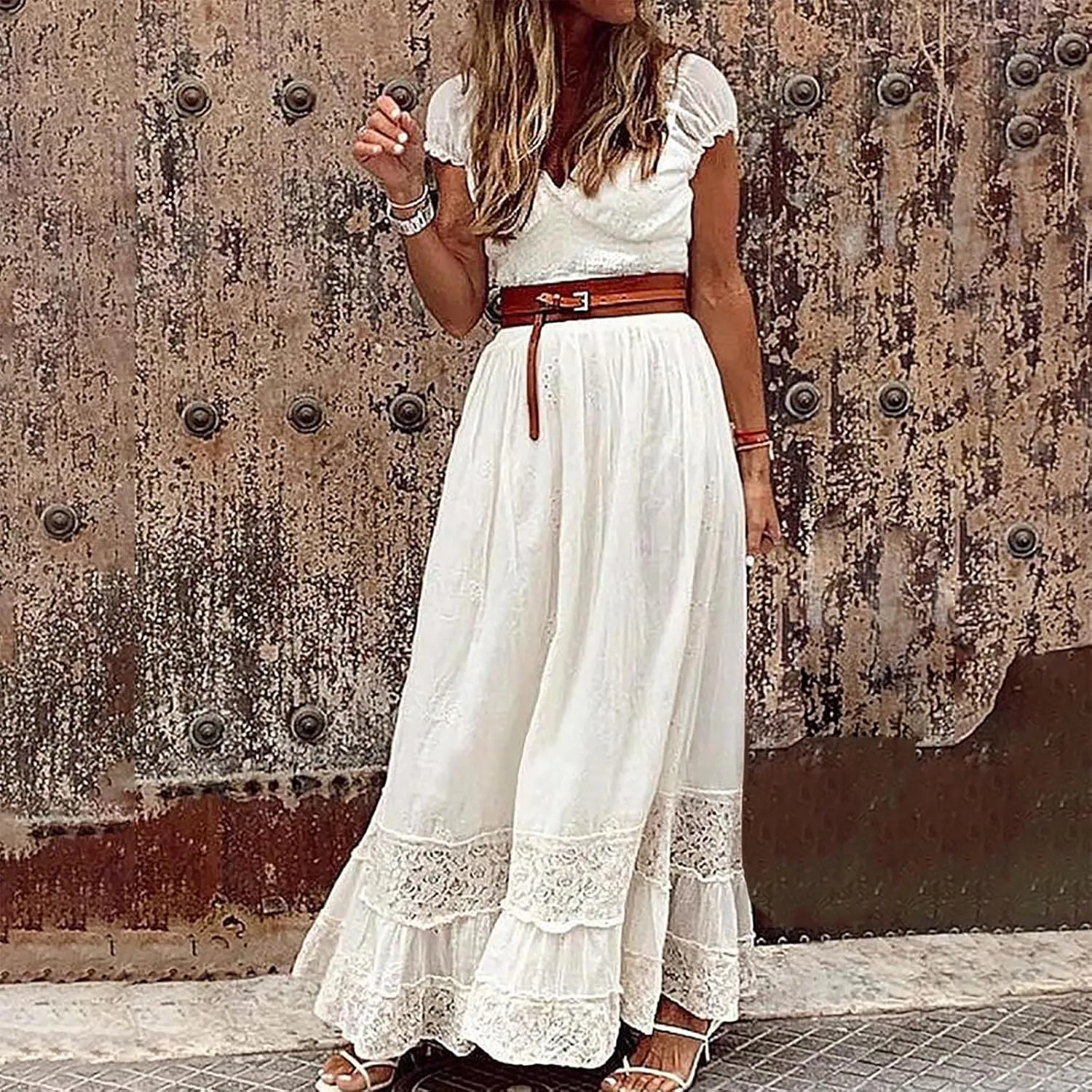 Women Crochet Lace Bohemian Dress Casual V Neck Cap Sleeve Pleated Swing Beach Sundress Maxi Wedding Guest Dresses