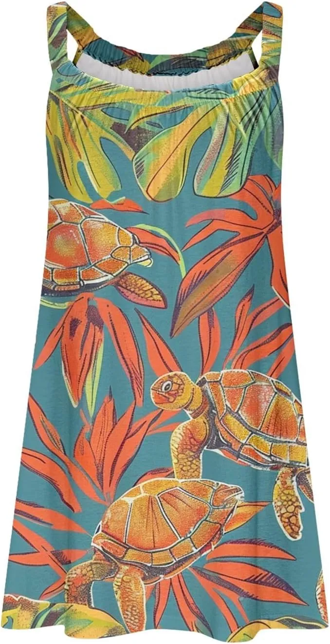 Women Cute Marine Animal Print Cami Dress Summer Beach Dress Sleeveless Spaghetti Strap Sea Turtle Graphic Sun Dress