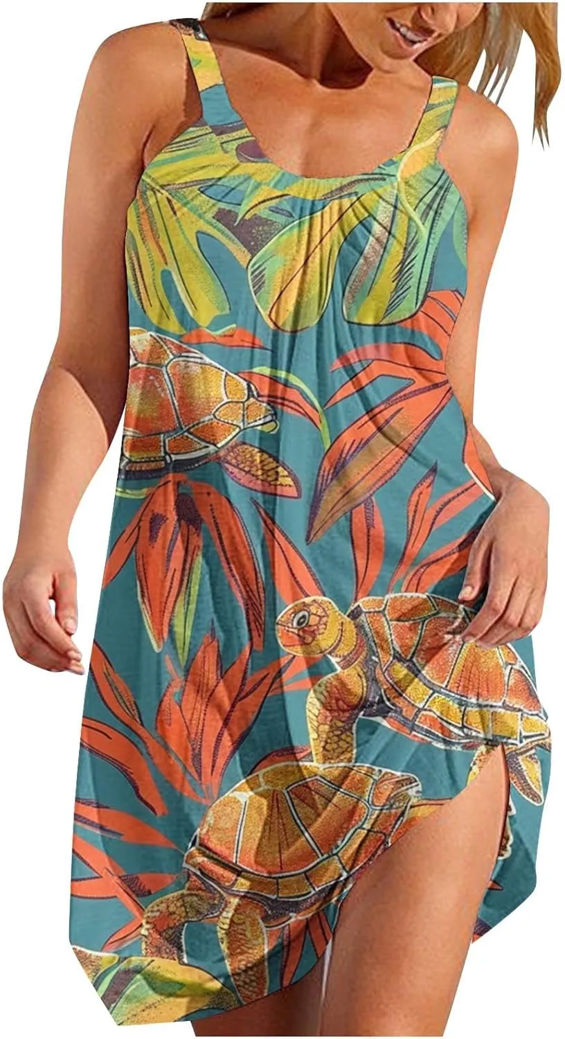 Women Cute Marine Animal Print Cami Dress Summer Beach Dress Sleeveless Spaghetti Strap Sea Turtle Graphic Sun Dress