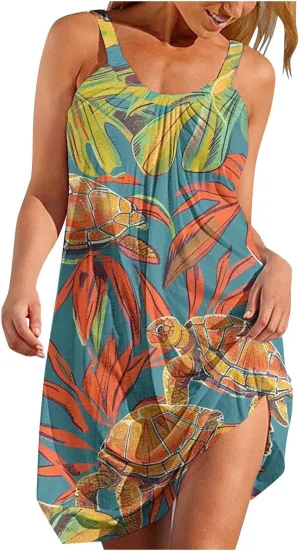 Women Cute Marine Animal Print Cami Dress Summer Beach Dress Sleeveless Spaghetti Strap Sea Turtle Graphic Sun Dress