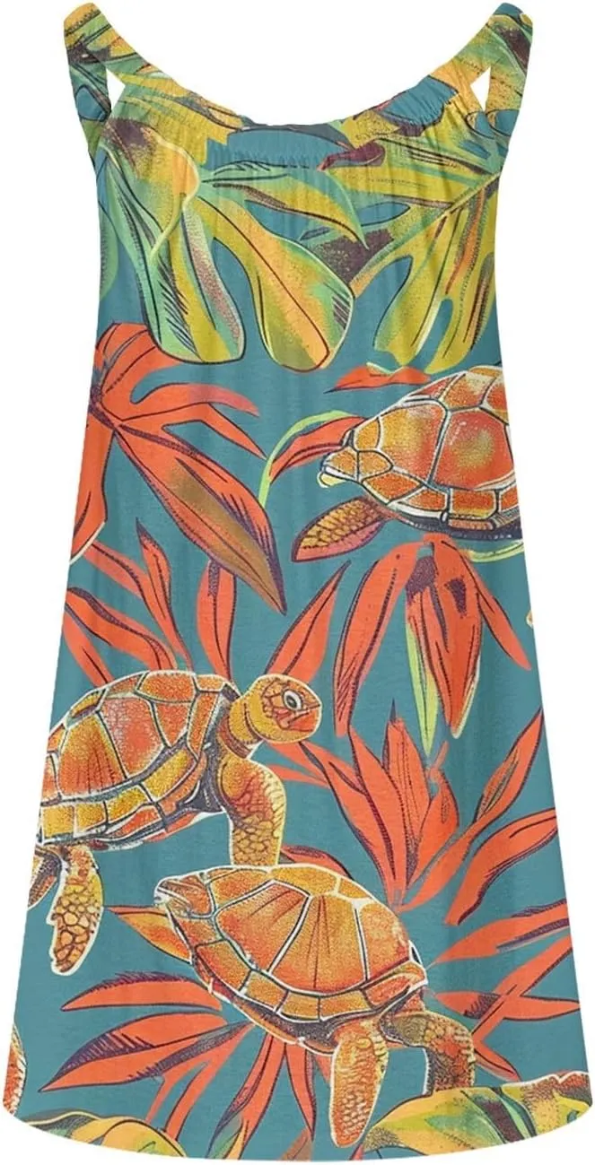 Women Cute Marine Animal Print Cami Dress Summer Beach Dress Sleeveless Spaghetti Strap Sea Turtle Graphic Sun Dress