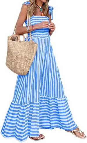 Women Cute Print Maxi Cami Dress Loose Sleeveless Spaghetti Summer Holiday Beach Smocked Sundress