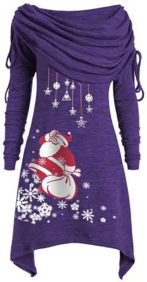 Women Dresses Christmas Printed Casual Full Sleeve Foldover Off The Shoulder Pleated Collar Drawstring Dress Plus Size