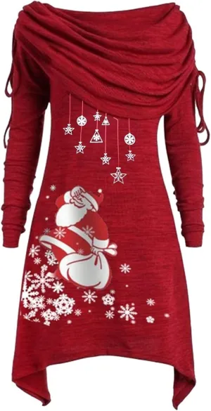 Women Dresses Christmas Printed Casual Full Sleeve Foldover Off The Shoulder Pleated Collar Drawstring Dress Plus Size