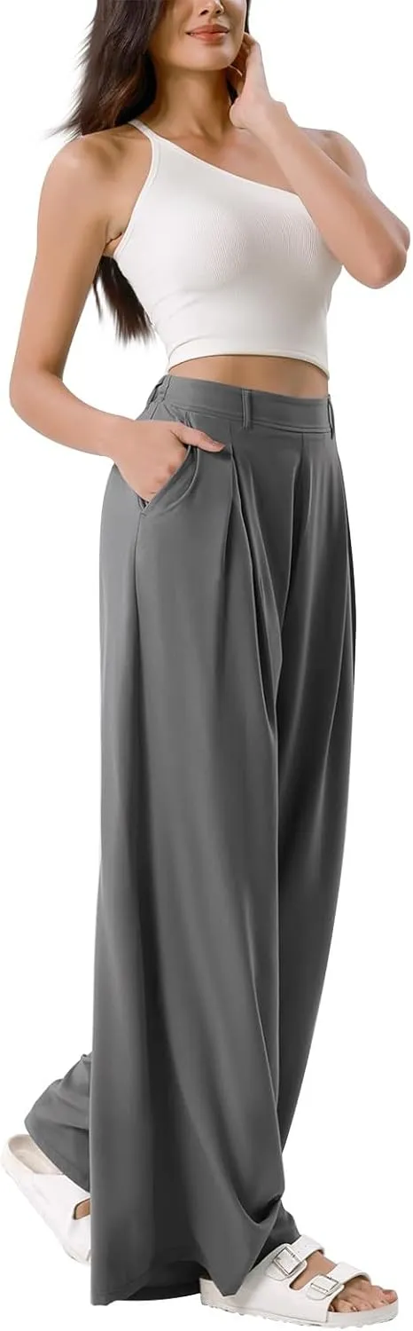 Women Elastic High Waist Palazzo Pants Casual Wide Leg Trousers Loose Work Office Business Suit Pant with Pockets