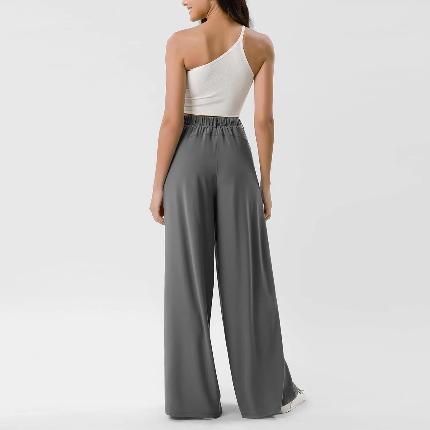 Women Elastic High Waist Palazzo Pants Casual Wide Leg Trousers Loose Work Office Business Suit Pant with Pockets