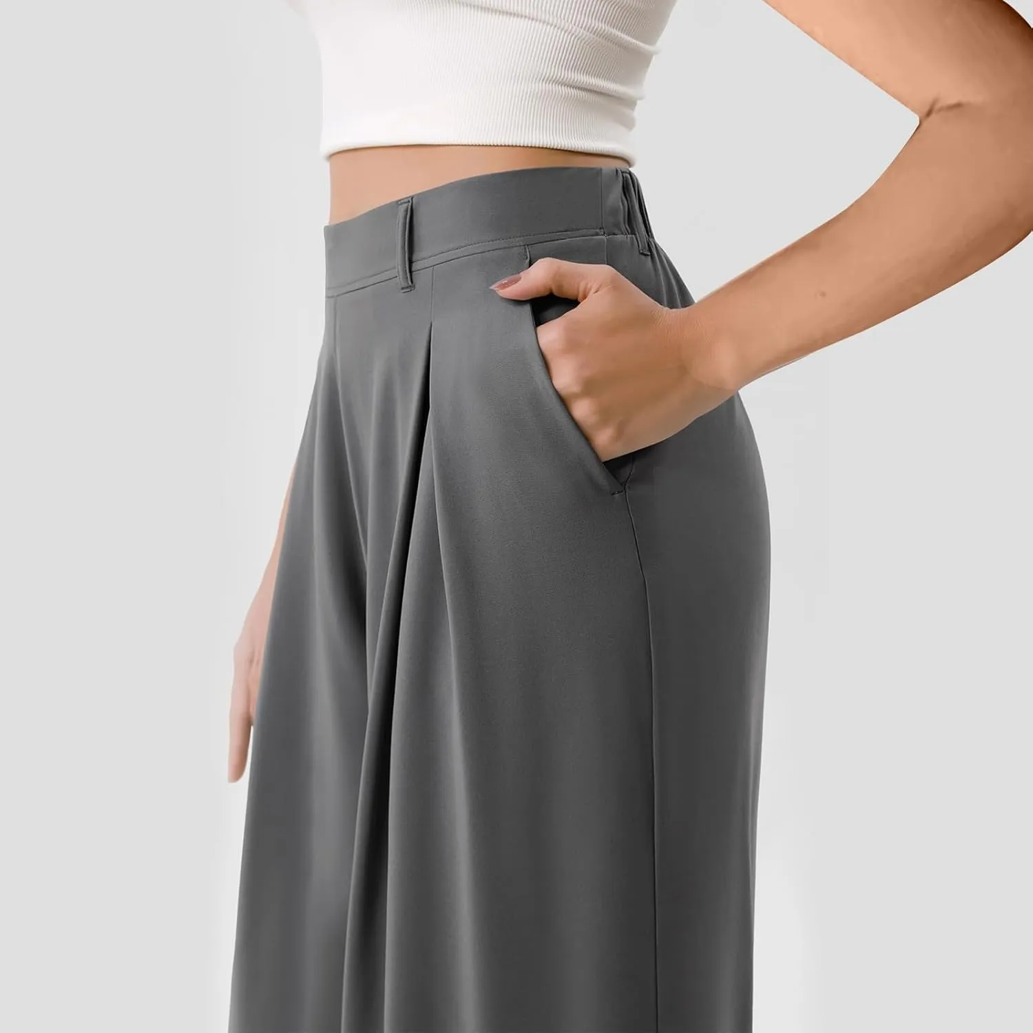Women Elastic High Waist Palazzo Pants Casual Wide Leg Trousers Loose Work Office Business Suit Pant with Pockets