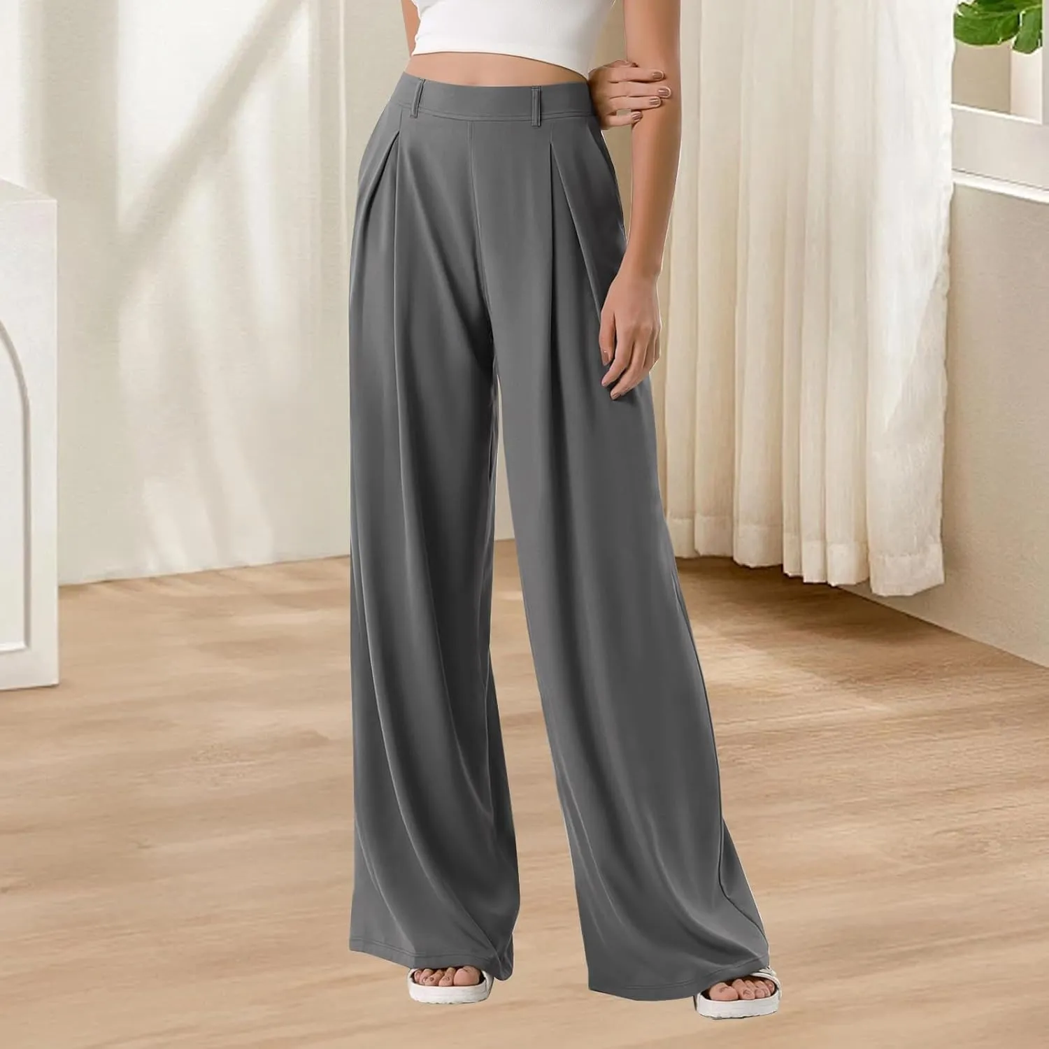 Women Elastic High Waist Palazzo Pants Casual Wide Leg Trousers Loose Work Office Business Suit Pant with Pockets