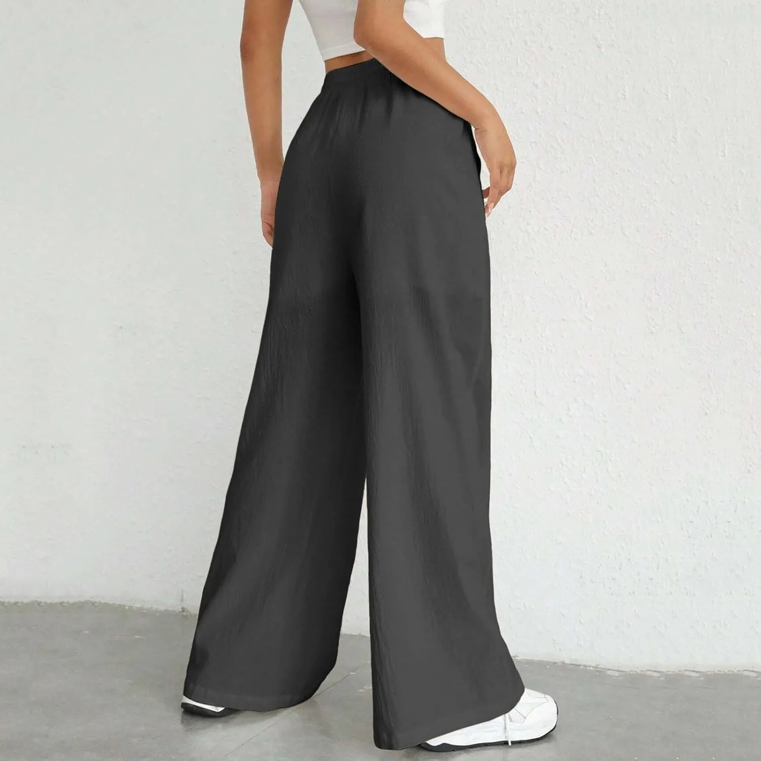 Women Fashion Casual High Waist Wide Leg Pants Drawstring Elastic Trousers Comfy Long Pants with Pockets