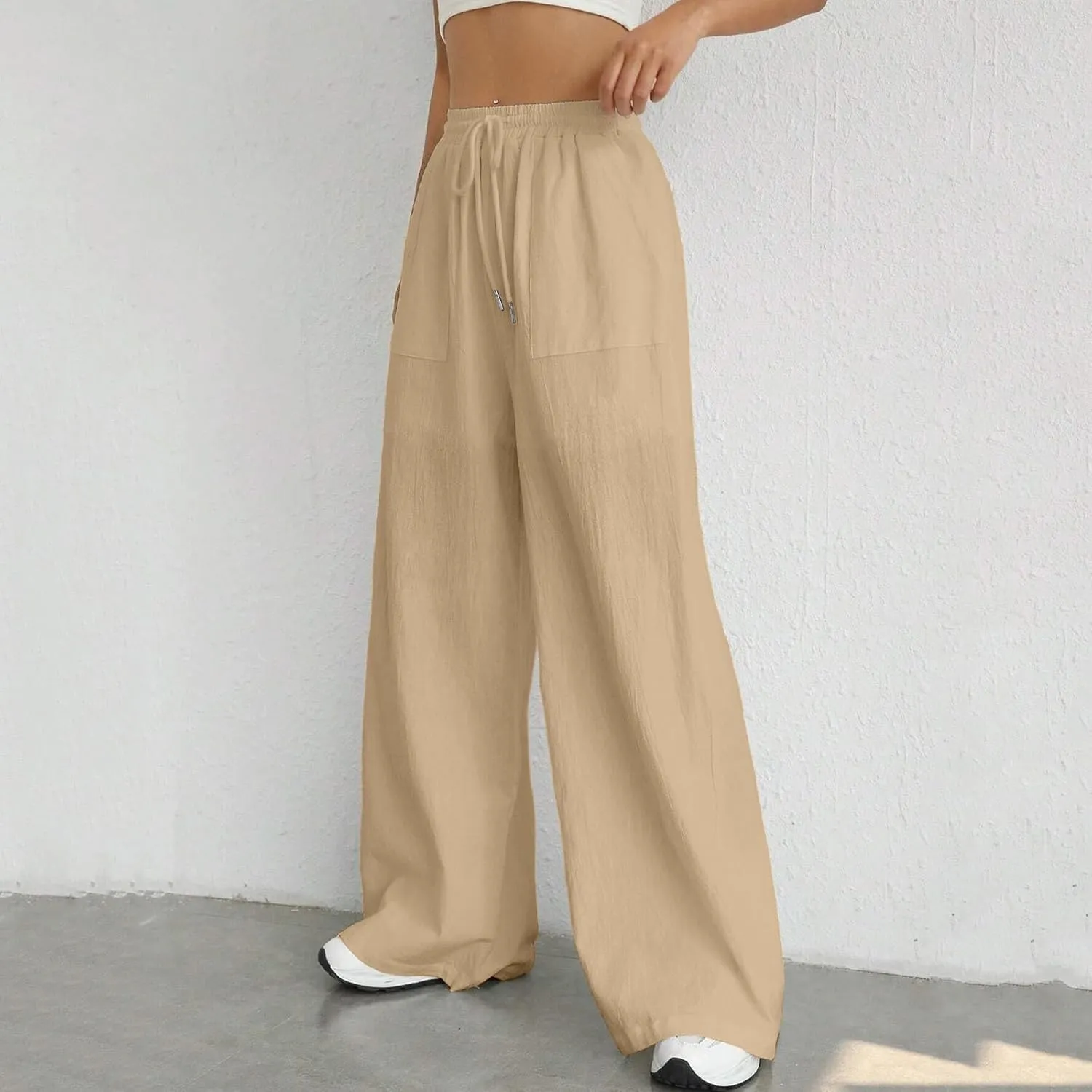 Women Fashion Casual High Waist Wide Leg Pants Drawstring Elastic Trousers Comfy Long Pants with Pockets
