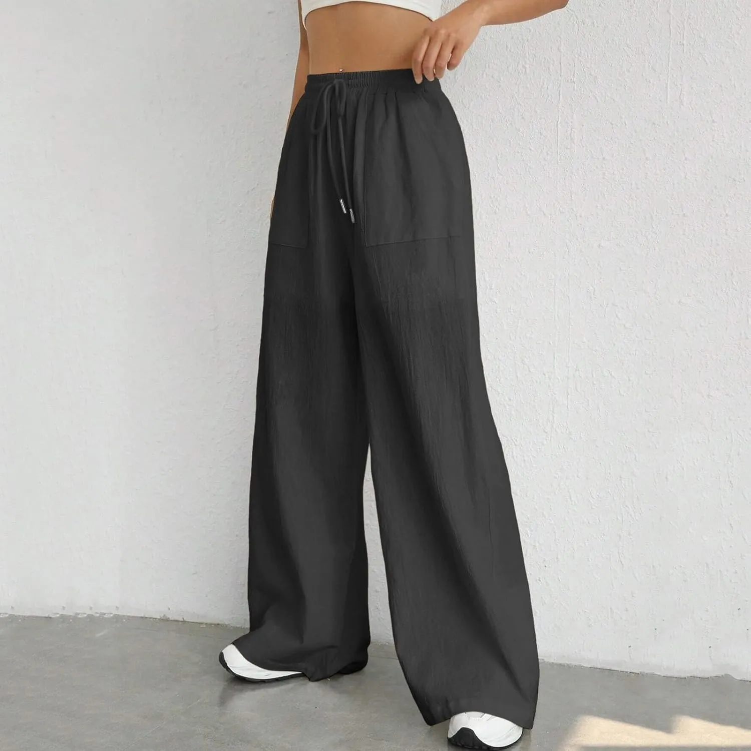Women Fashion Casual High Waist Wide Leg Pants Drawstring Elastic Trousers Comfy Long Pants with Pockets