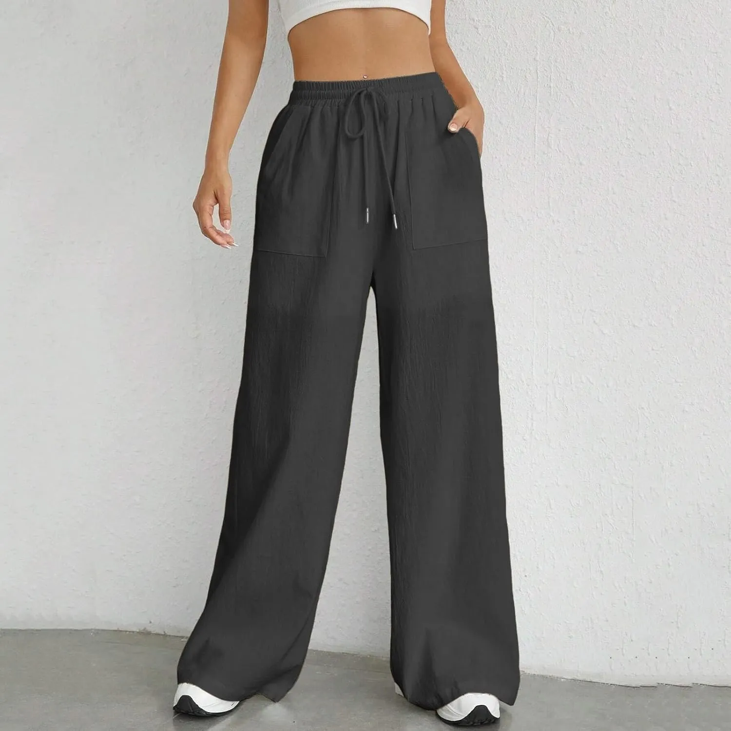 Women Fashion Casual High Waist Wide Leg Pants Drawstring Elastic Trousers Comfy Long Pants with Pockets