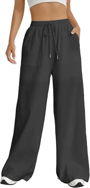Women Fashion Casual High Waist Wide Leg Pants Drawstring Elastic Trousers Comfy Long Pants with Pockets