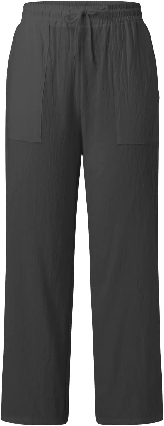 Women Fashion Casual High Waist Wide Leg Pants Drawstring Elastic Trousers Comfy Long Pants with Pockets