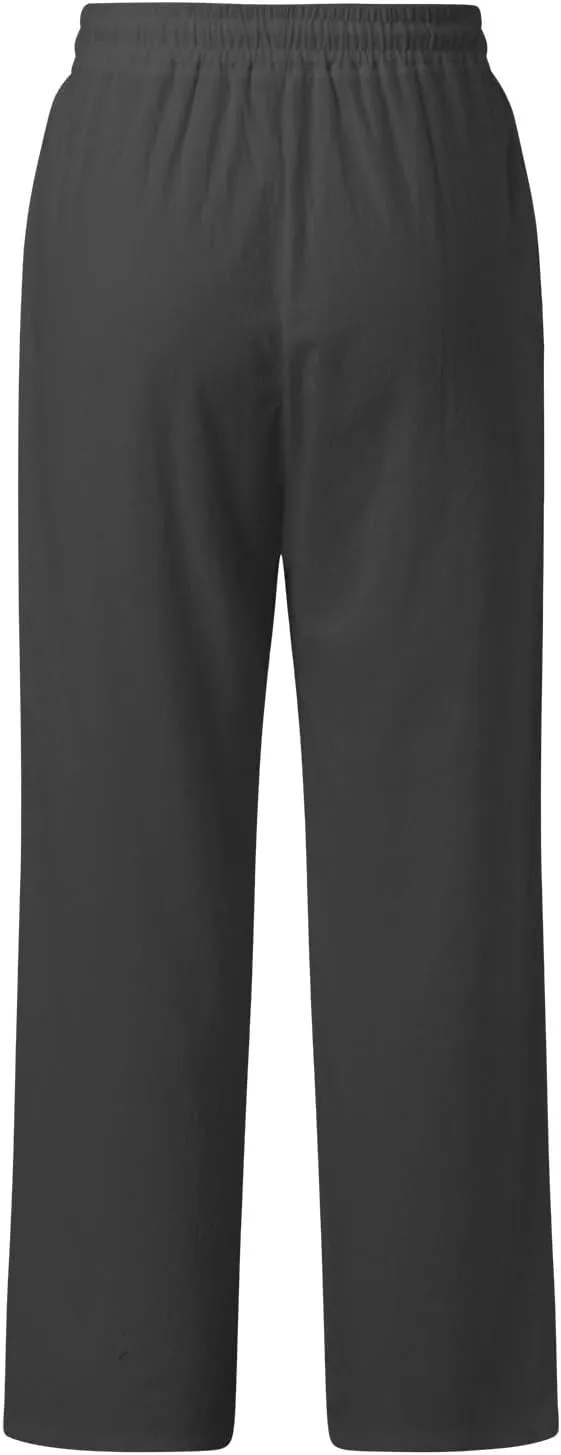 Women Fashion Casual High Waist Wide Leg Pants Drawstring Elastic Trousers Comfy Long Pants with Pockets