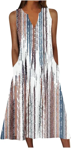 Women Floral Midi Dress with Pocket, 2025 Boho Summer Dresses V Neck Sleeveless Knee Length Sundress Beach Dress