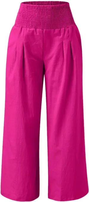 Women Linen Palazzo Pants Boho Wide Leg High Waist Casual Lounge Pant Trousers with Pockets Straight Leg Comfy Pants
