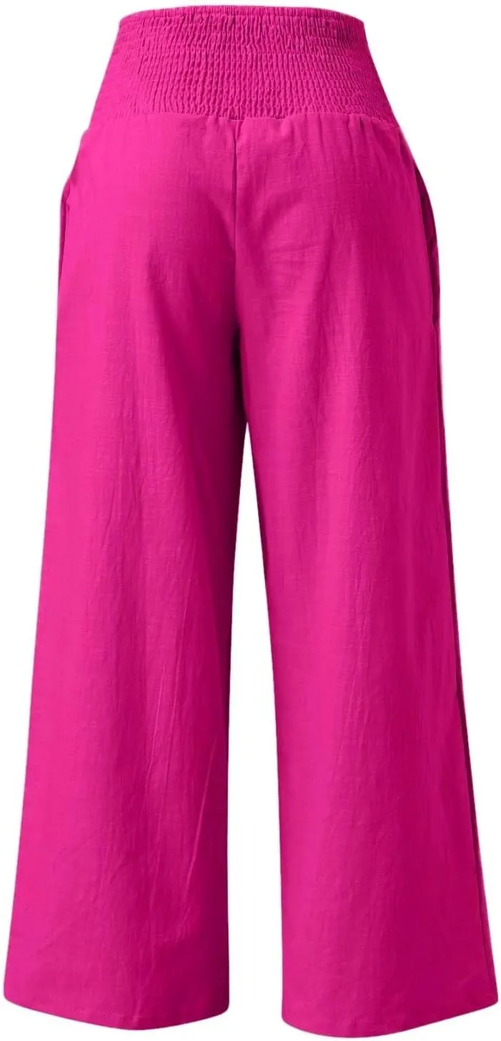 Women Linen Palazzo Pants Boho Wide Leg High Waist Casual Lounge Pant Trousers with Pockets Straight Leg Comfy Pants