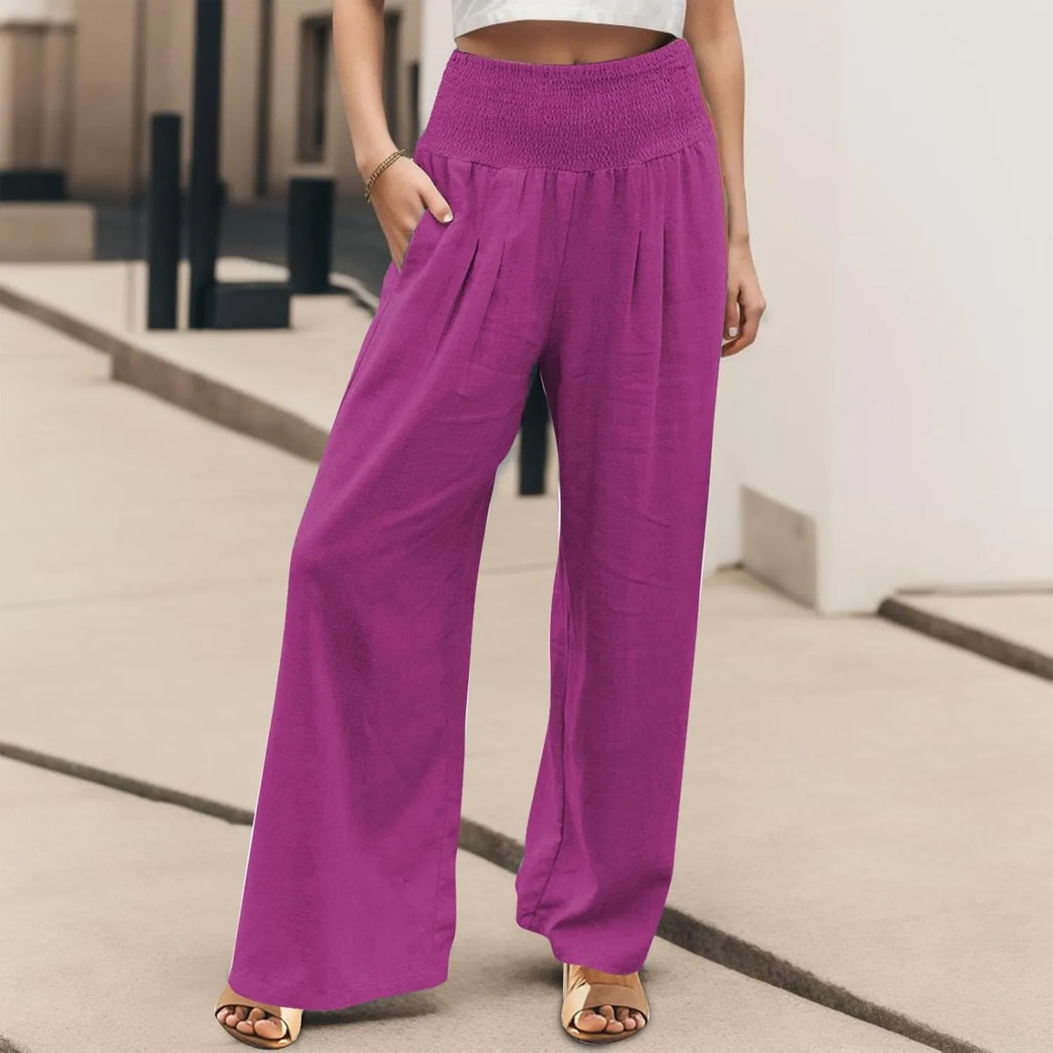 Women Linen Palazzo Pants Boho Wide Leg High Waist Casual Lounge Pant Trousers with Pockets Straight Leg Comfy Pants