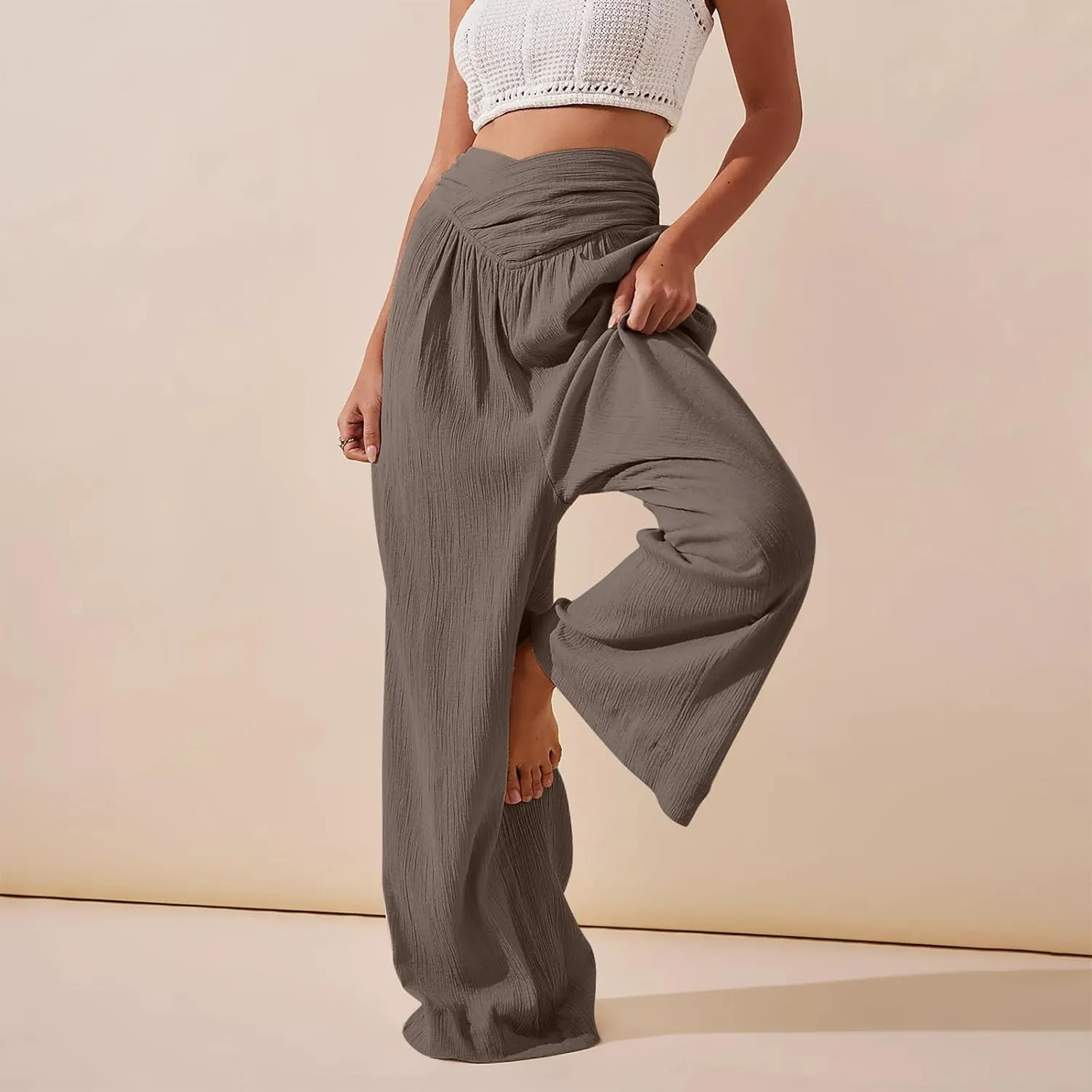 Women Linen Pants Crossover Wide Leg Pants Dressy Palazzo Pants Summer Boho Pants with Pocket Casual Lounge Pant
