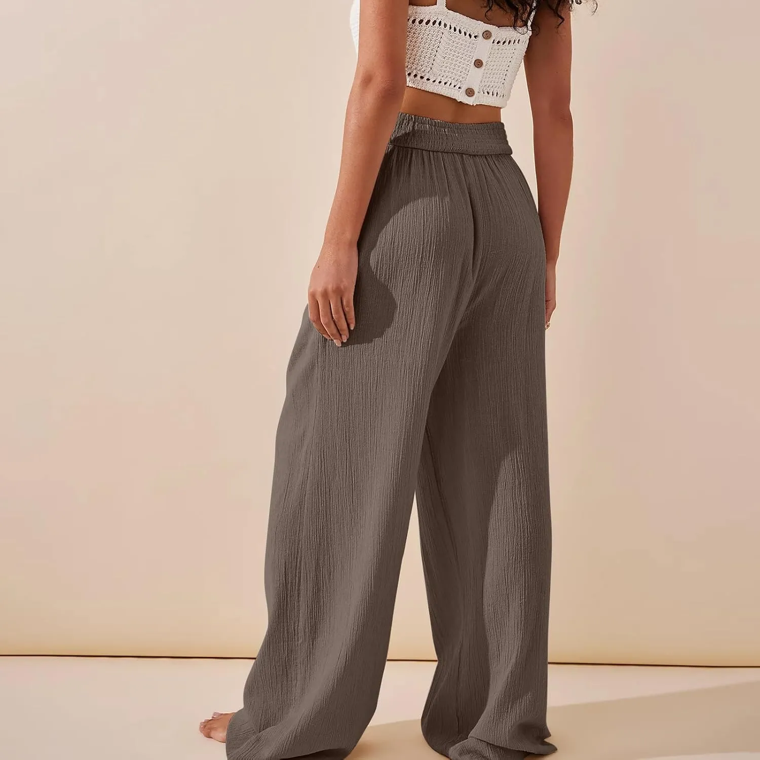 Women Linen Pants Crossover Wide Leg Pants Dressy Palazzo Pants Summer Boho Pants with Pocket Casual Lounge Pant