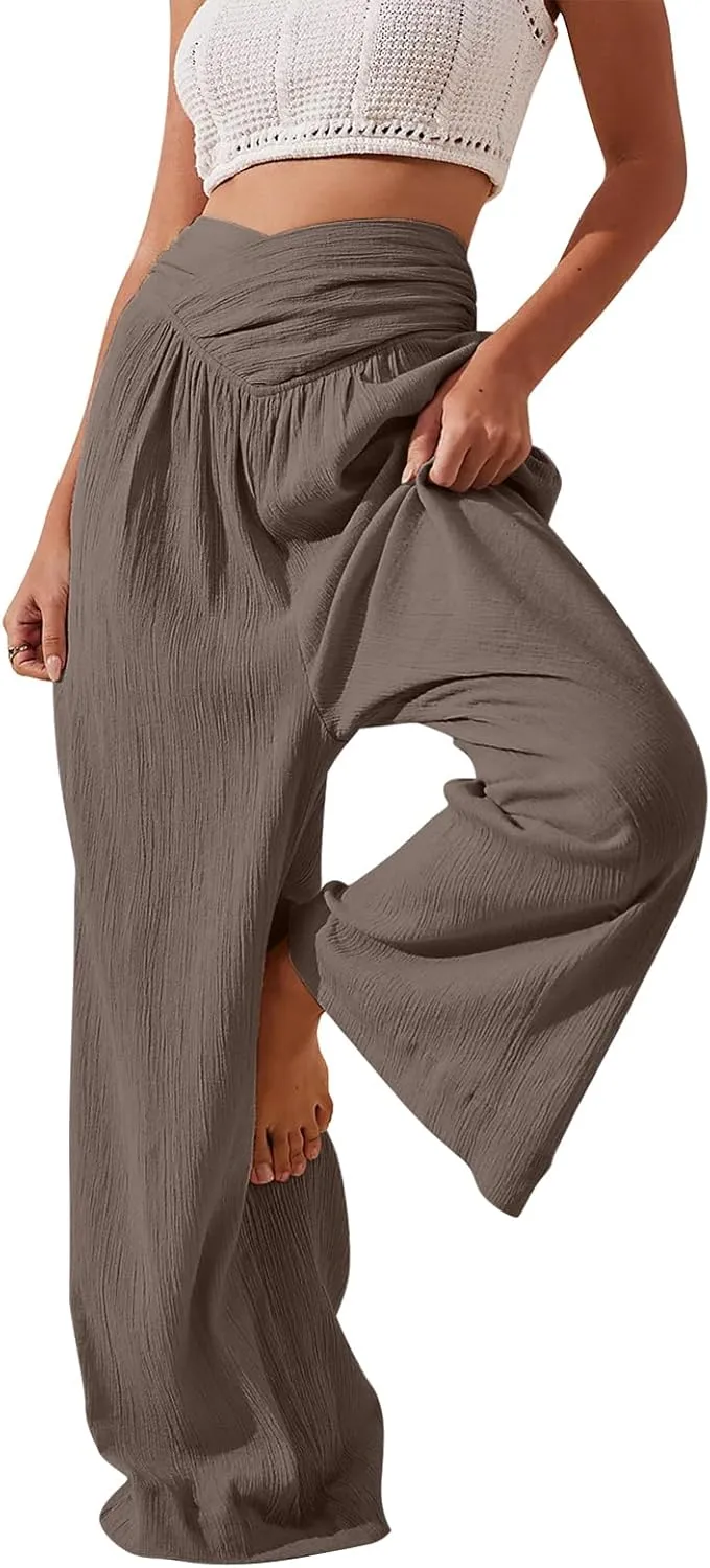 Women Linen Pants Crossover Wide Leg Pants Dressy Palazzo Pants Summer Boho Pants with Pocket Casual Lounge Pant