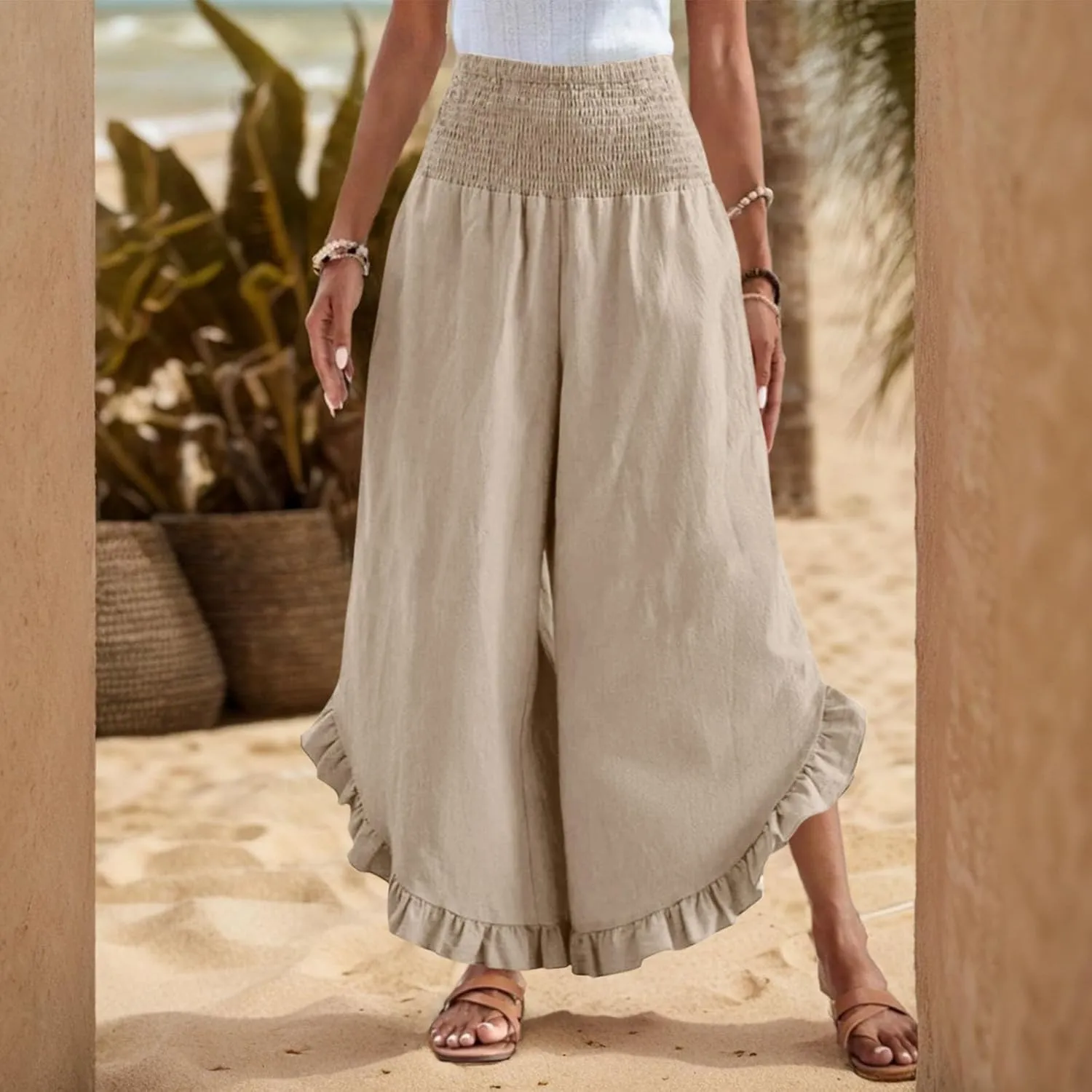 Women Linen Pants Summer 2025 Wide Leg Pants Smocked Waist Ruffle Hem Palazzo Pant Boho Flowy Beach Pant with Pocket