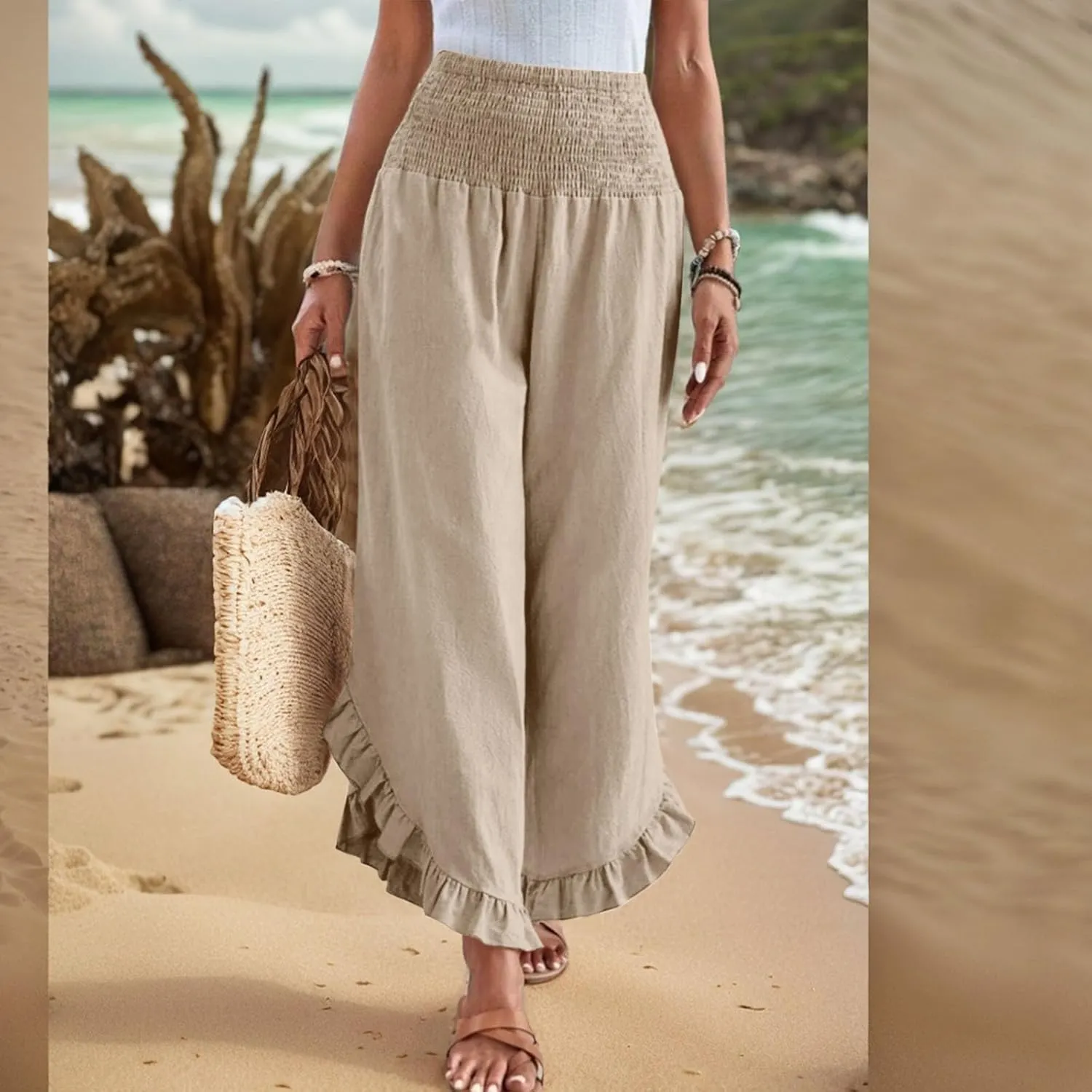 Women Linen Pants Summer 2025 Wide Leg Pants Smocked Waist Ruffle Hem Palazzo Pant Boho Flowy Beach Pant with Pocket