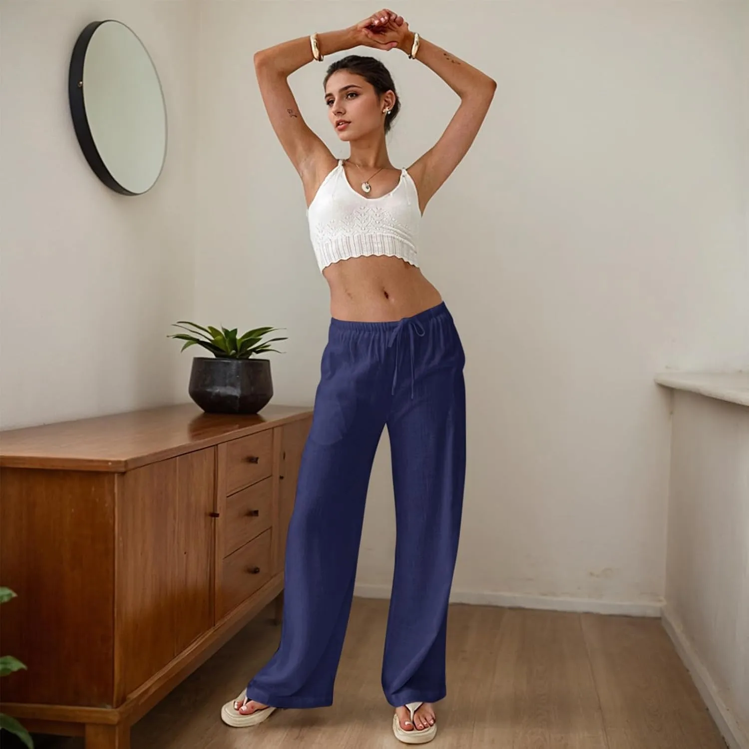 Women Linen Pants Summer Wide Leg Pants with Pockets Boho Beach Pants High Waist Drawstring Flowy Palazzo Pants