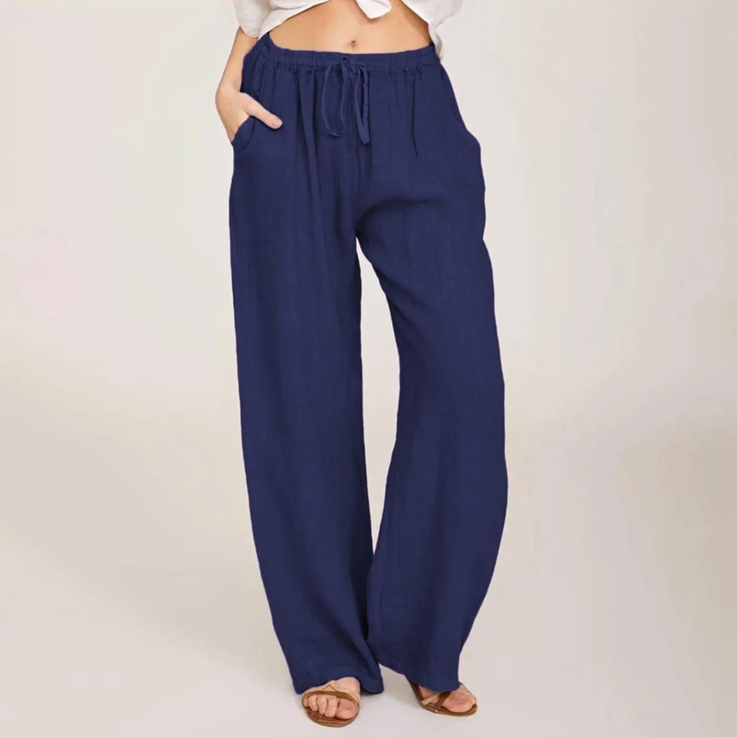 Women Linen Pants Summer Wide Leg Pants with Pockets Boho Beach Pants High Waist Drawstring Flowy Palazzo Pants